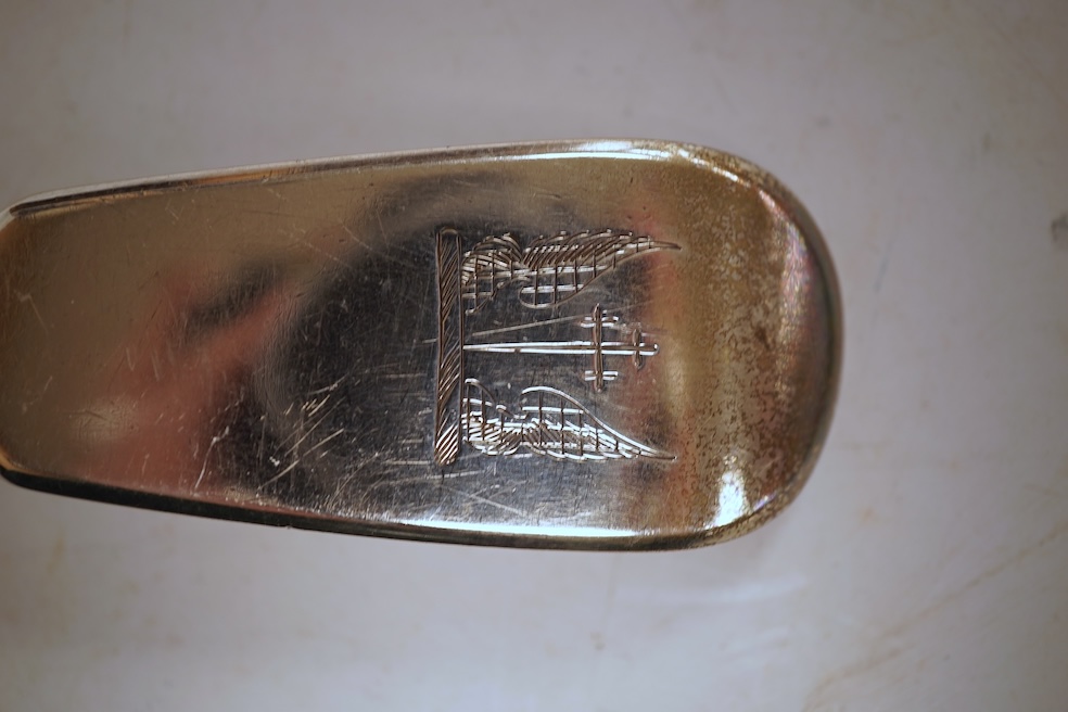 A George III silver fiddle pattern basting/strainer spoon, by Eley & Fearn, London, 1805, 30cm, 5.5oz.